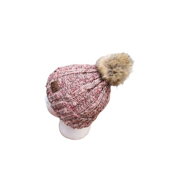 C.C. Beanie Pom Pom Hat - Rose Knit - Faux Fur Pom - Unisex Winter Accessory - Picture 3 of 10